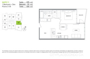 70 Queens Wharf Rd 1 bedroom + den floor plan suite 11